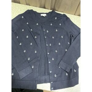Charter Club Cardigan Sweater Embroidered Anchors Navy Blue Buttons Large